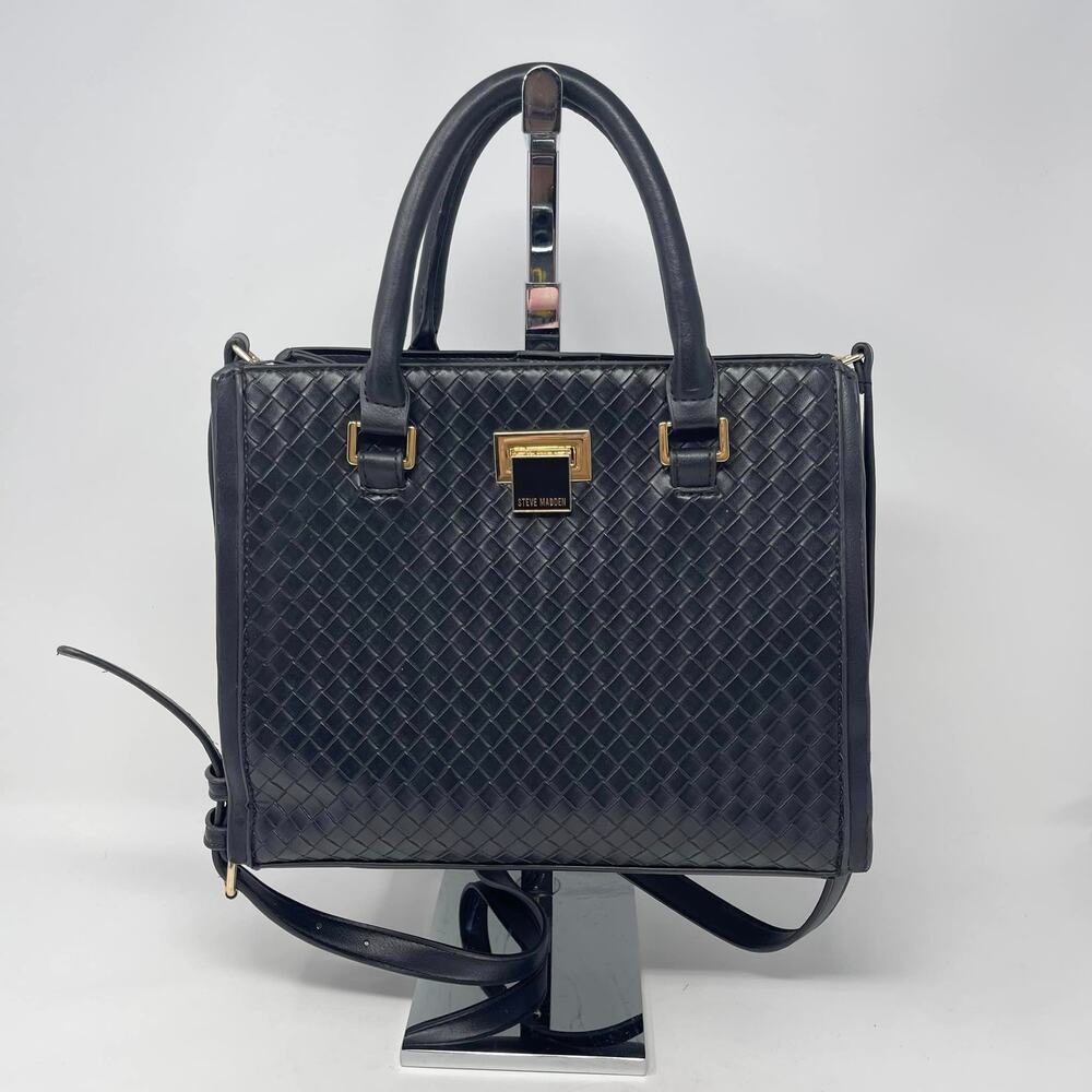 Steve Madden Black‎ Woven Faux Leather Top Handle Crossbody Gold Tone Hardware